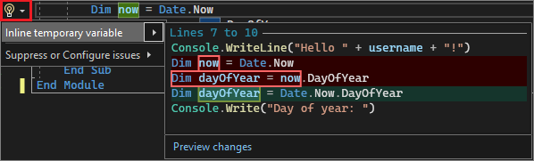 Screenshot mit dem Vorschlag für temporäre Inlinevariablen in Visual Studio 2022.