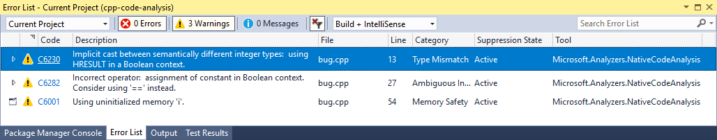 Screenshot der Visual Studio-Fehlerliste mit Warnungen.