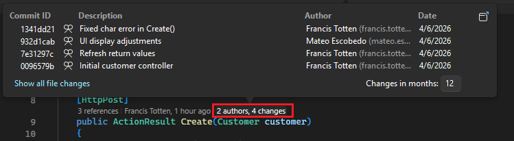 Screenshot mit den Änderungsverlaufsdaten für Ihren Code in CodeLens für Visual Studio.