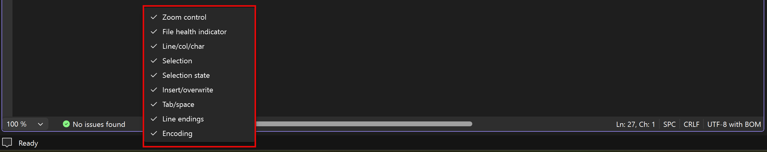 Screenshot des Kontextmenüs des unteren Rands mit optionalen Steuerelementen.