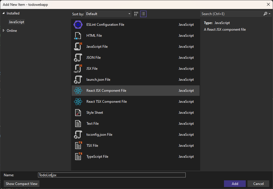 Screenshot mit dem Hinzufügen einer JSX-Komponente.