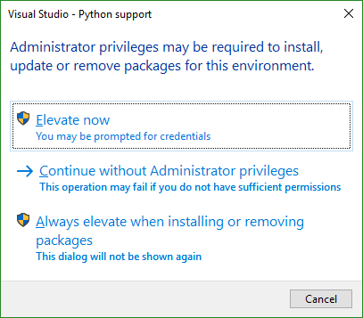 Eingabeaufforderung für erhöhte Rechte für die Paketinstallation