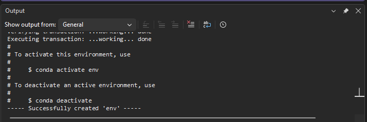 Screenshot der erfolgreichen Erstellung einer Conda-Umgebung.