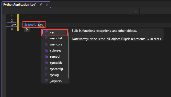 Screenshot, der zeigt, wie IntelliSense die verfügbaren Module für eine Importanweisungen im Editor in Visual Studio anzeigt.