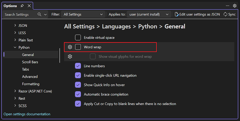 Screenshot, der zeigt, wie Word Wrapping für Python in Visual Studio aktiviert wird.