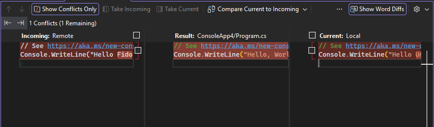 Screenshot der vertikalen Ansicht des Zusammenführungs-Editors.