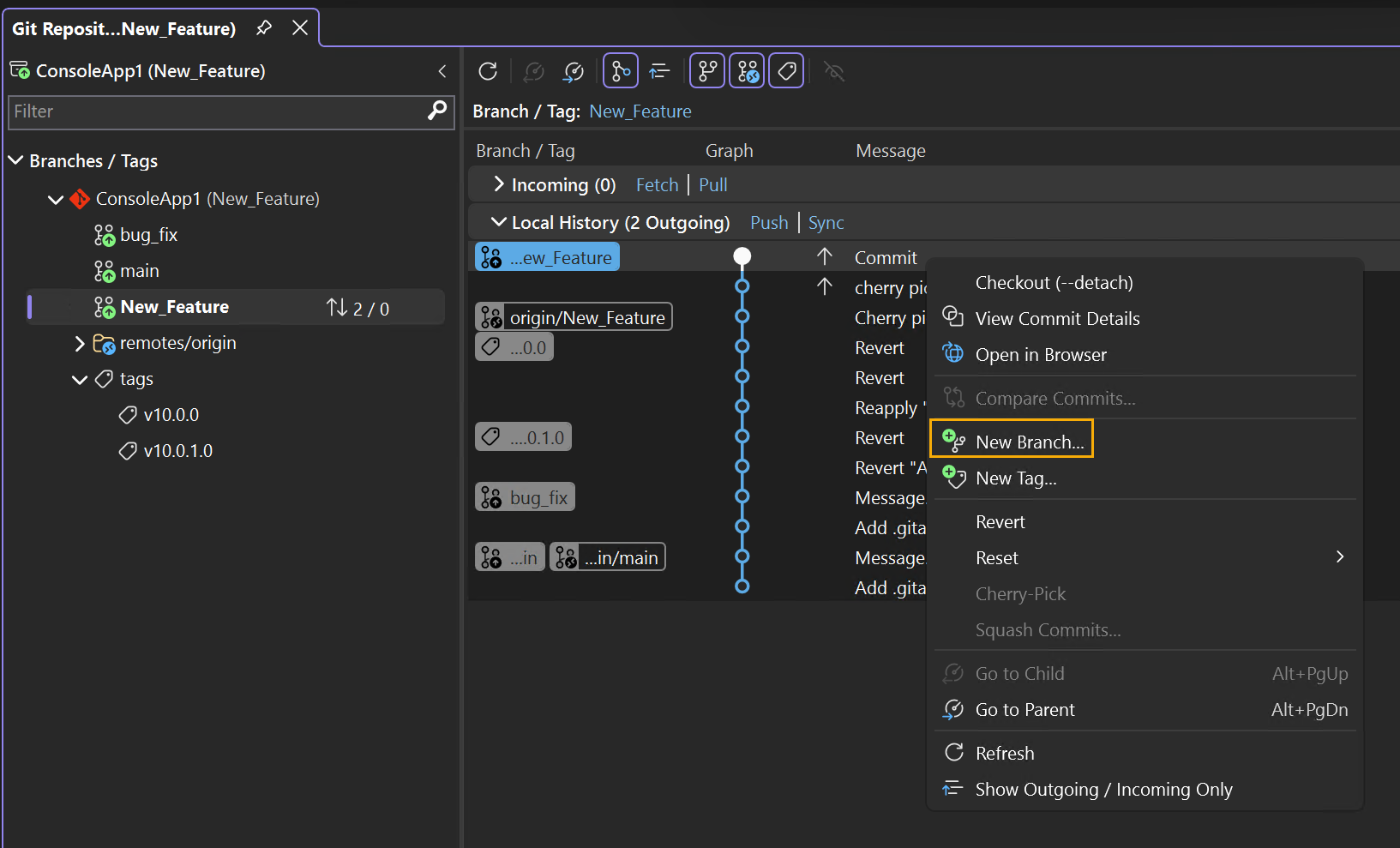Screenshot des Git Graph-Bereichs des Git Repository-Fensters.