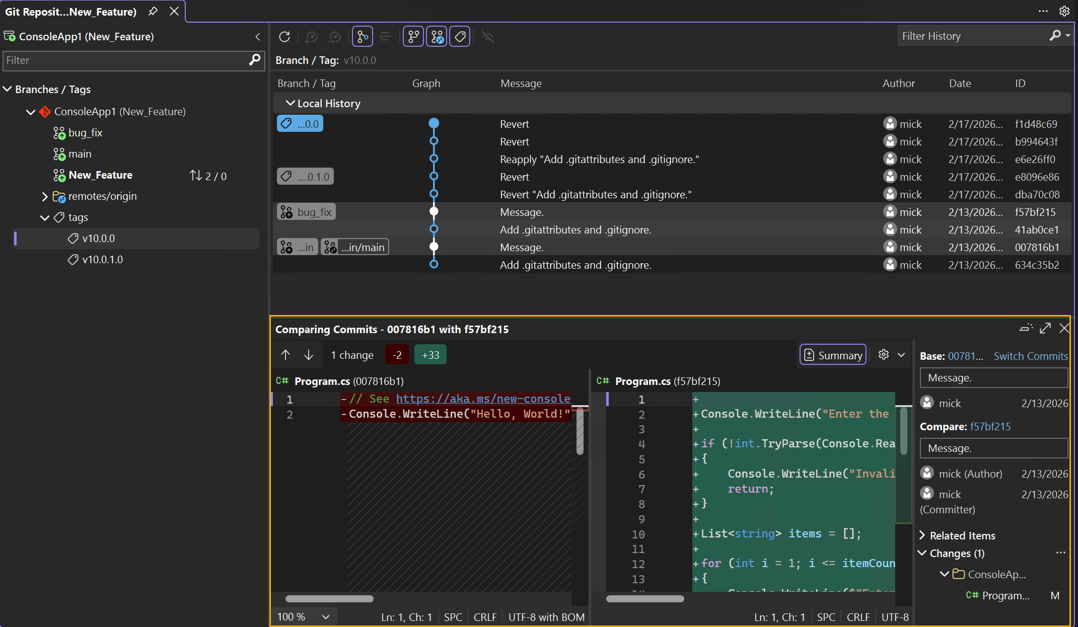 Screenshot von verglichenen Commits.