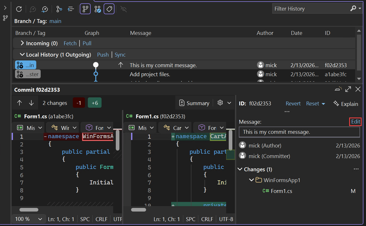 Screenshot des Editierens einer Commit-Nachricht.