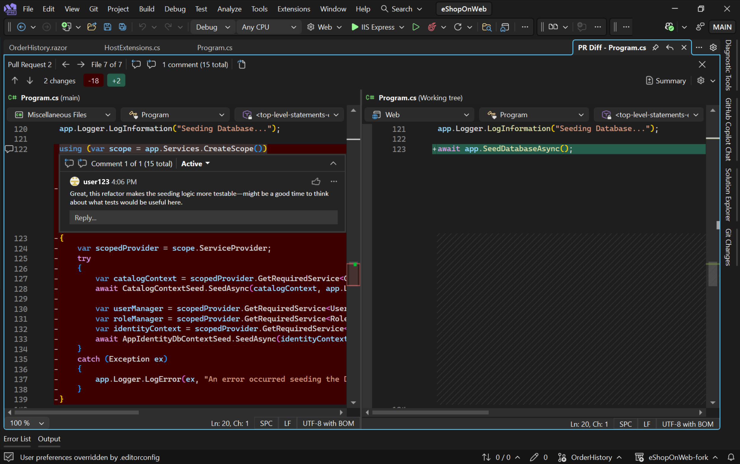 Screenshot eines PR-Kommentars in der Diff-Ansicht.