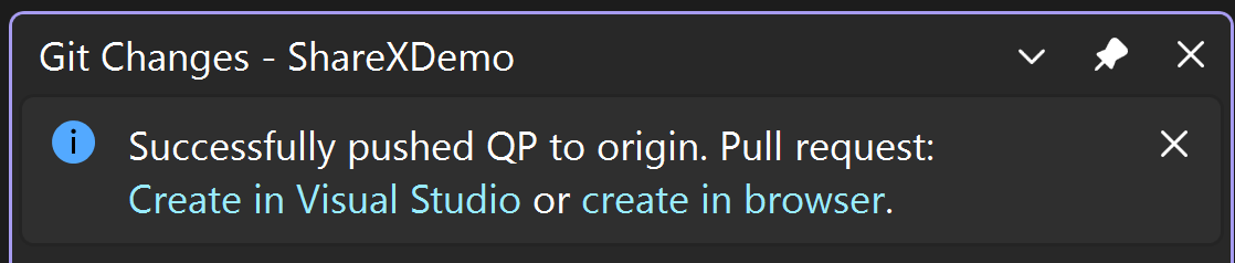 Screenshot des Fensters „Git-Änderungen“ mit der Infoleiste „Push von QP nach 'origin' war erfolgreich. Pull Request erstellen: In Visual Studio oder im Browser.“ in Visual Studio 2022.