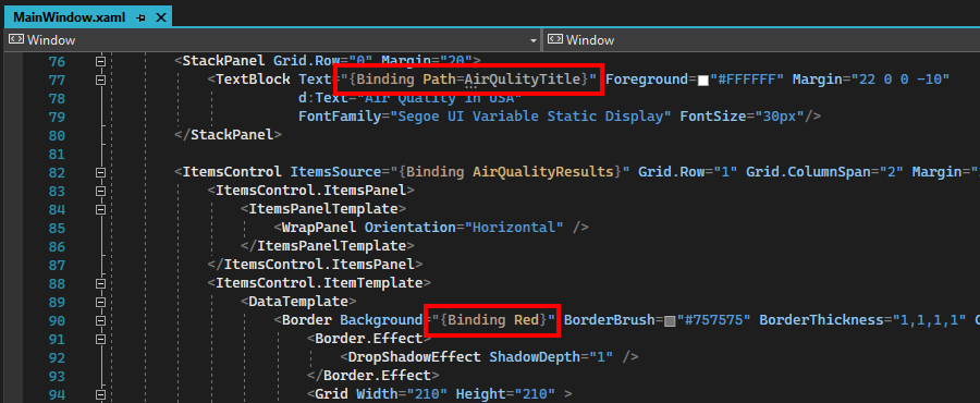 Screenshot von Beispielbindungen im XAML-Editor.