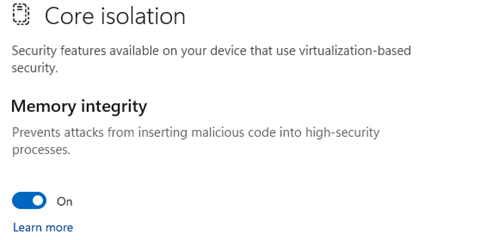 Screenshot des Umschalters zum Ein- und Ausschalten der Speicherintegrität.