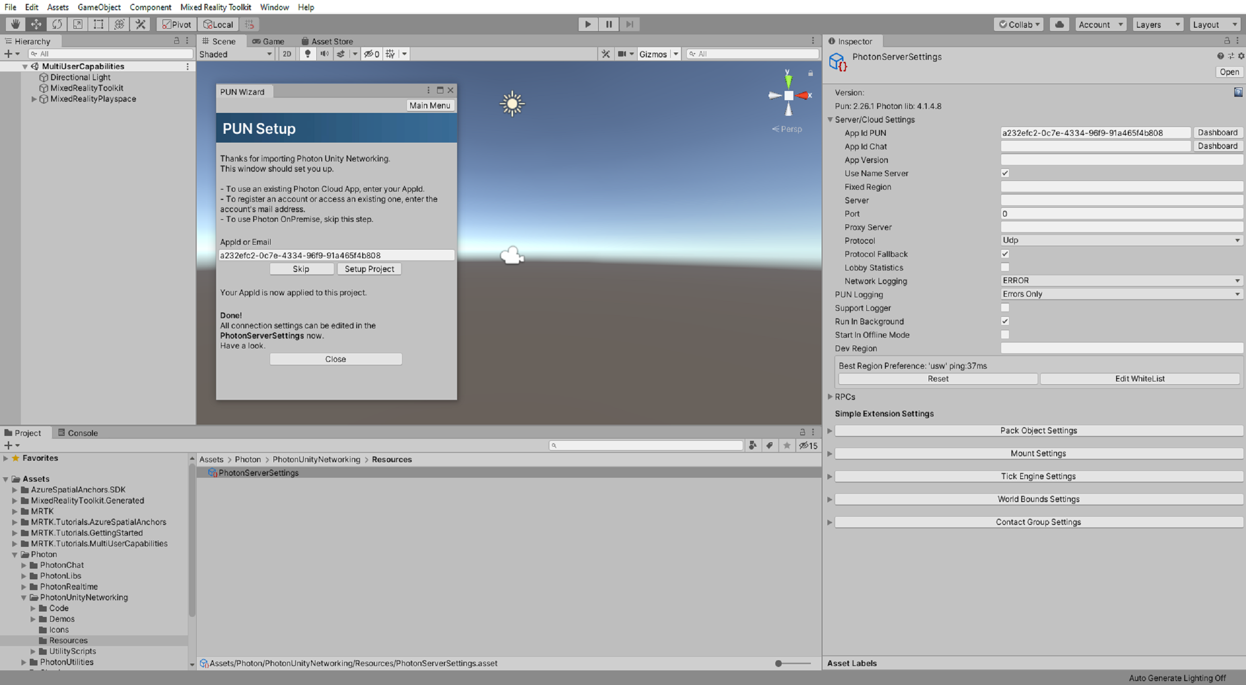 Unity PUN-Setupfenster mit angewendetem Setupprojekt