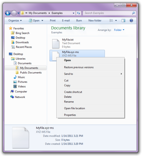 Screenshot des standardverknüpfungsmenüs