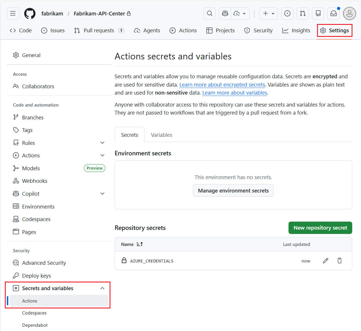Screenshot of secrets for Actions in a GitHub repository.