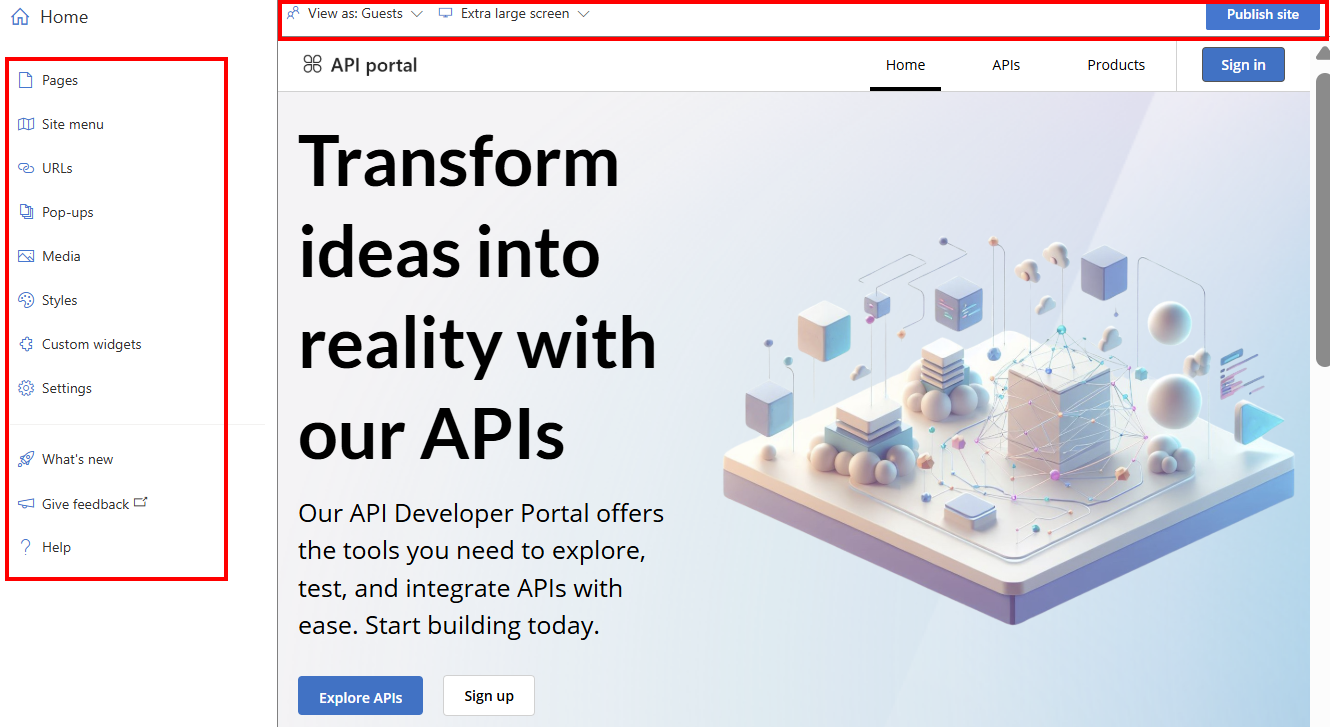 Screenshot of the visual editor in the developer portal.