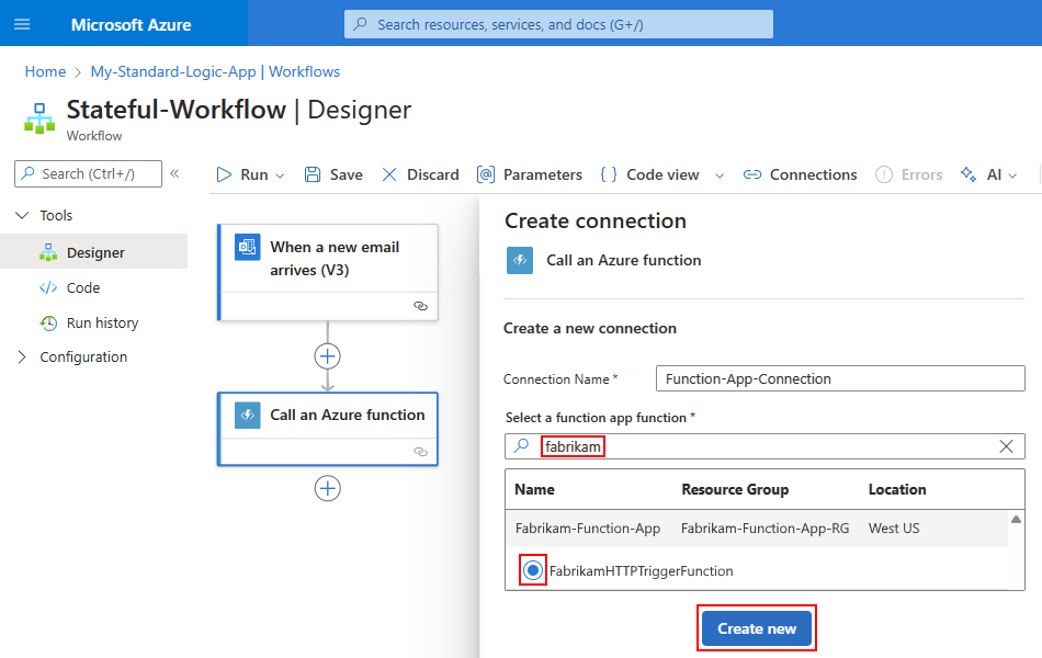 Screenshot that shows the Standard workflow designer with a selected function app and function in Create connection.