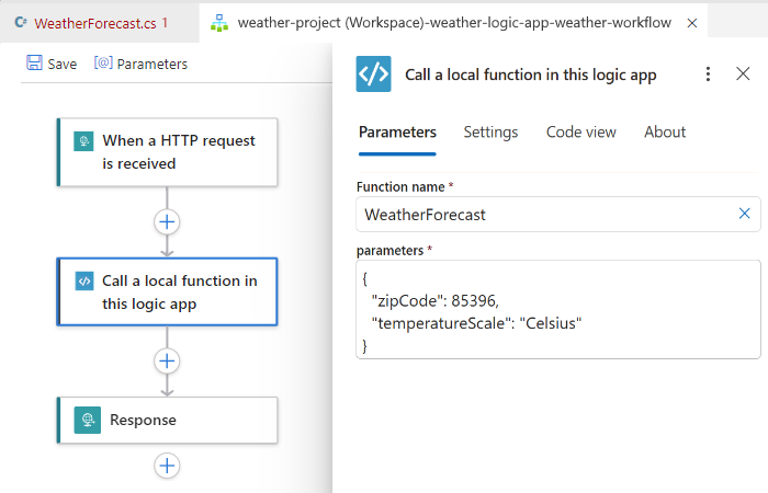 Screenshot shows the default workflow and its trigger and actions opened in the workflow designer.