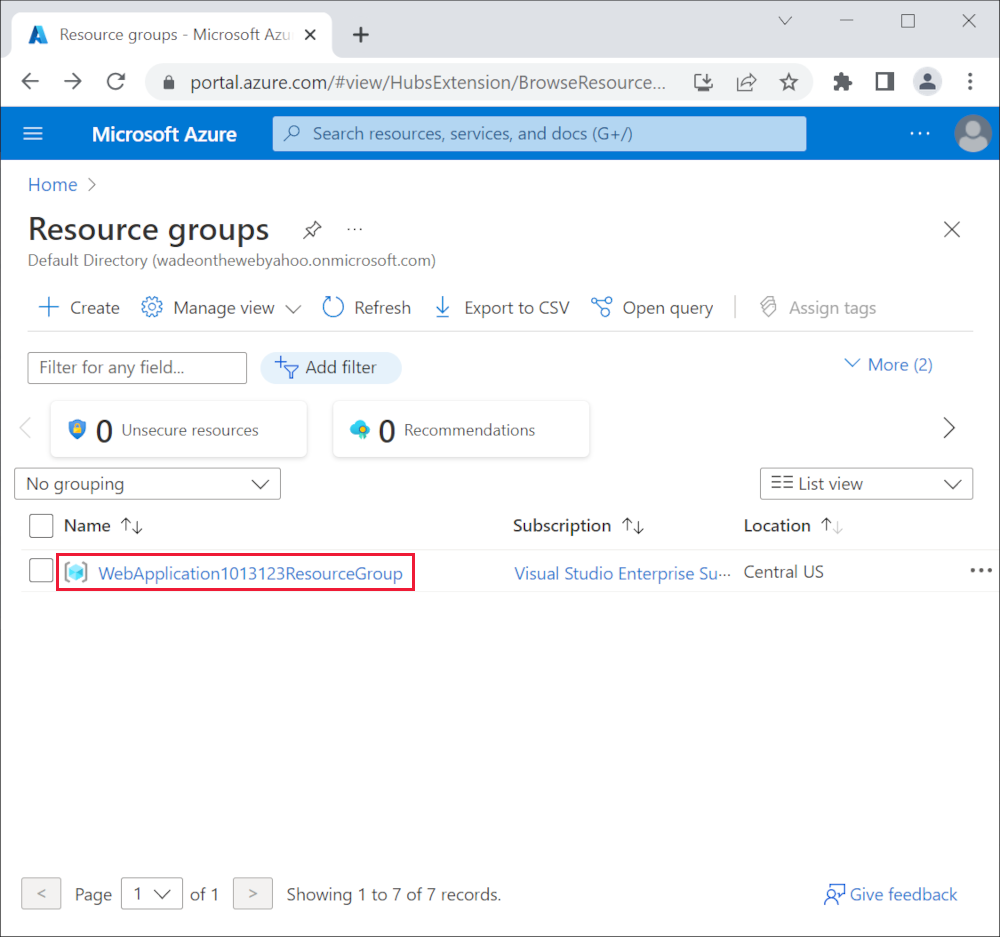 Azure portal: Resource Groups in sidebar menu