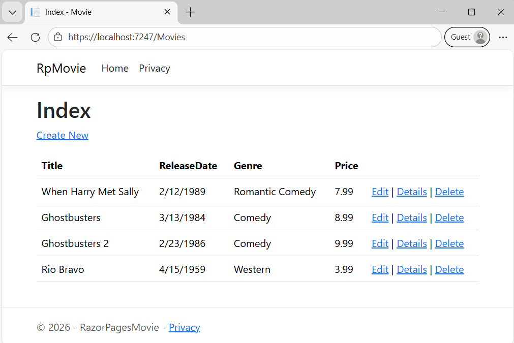 Movie application open in browser showing movie data.
