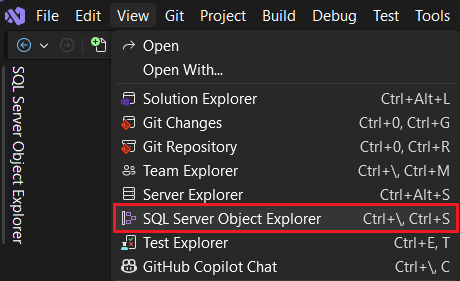 View menu showing SQL Server Object Explorer option.