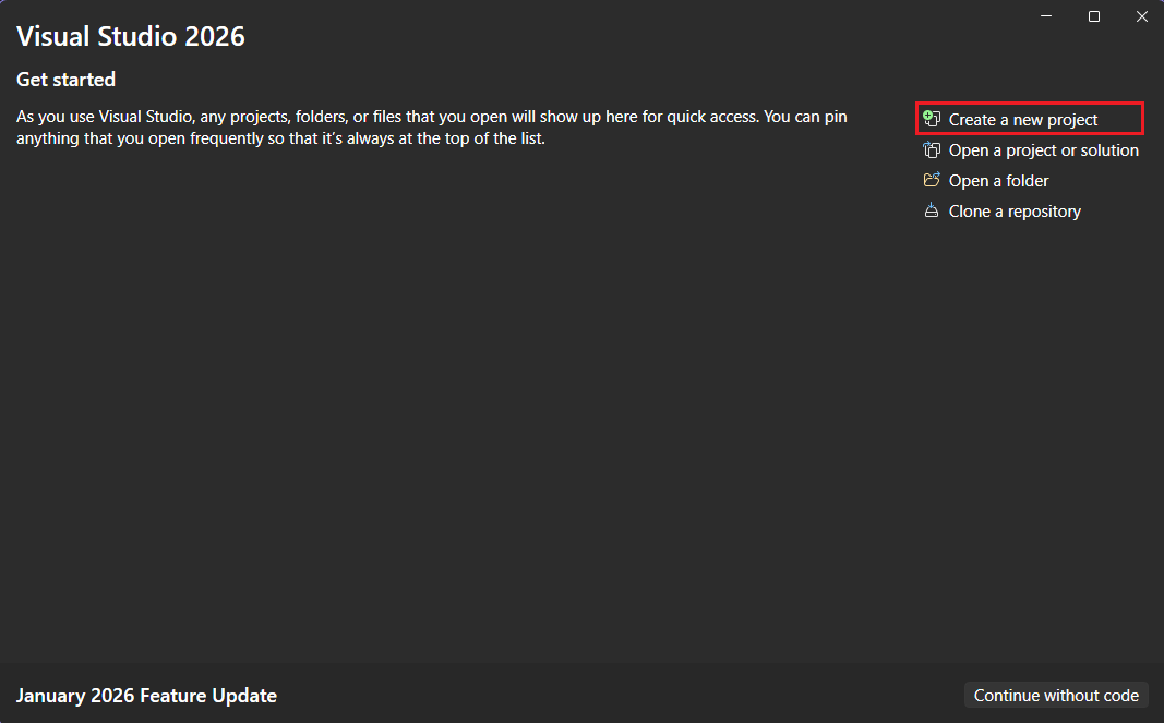 Create a new project from the start window.