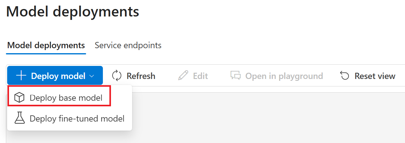 Screenshot of the Deploy base model dropdown menu in Foundry.