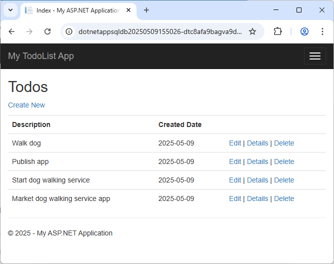 Screenshot that shows a published ASP.NET to-do list application running in Azure App Service.