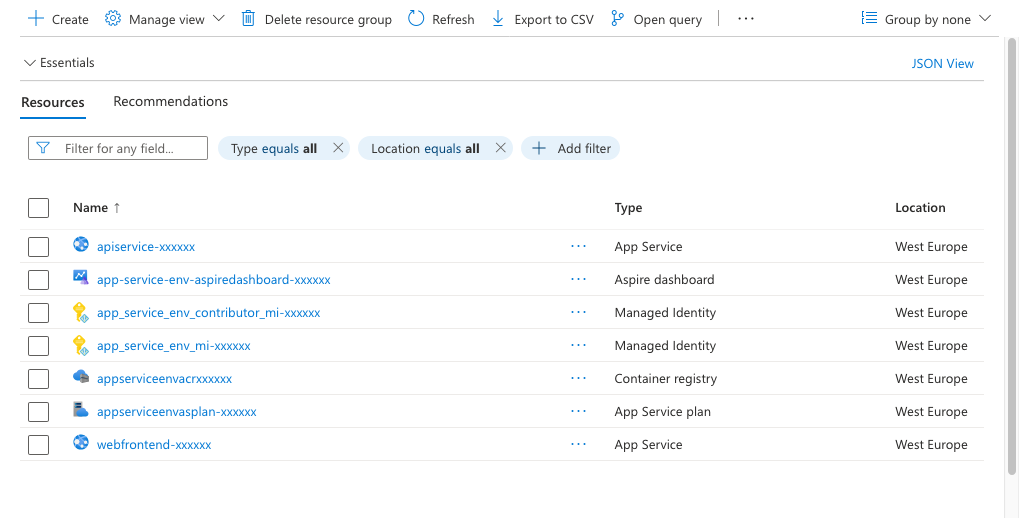 A screenshot of the resource group view of an Aspire app deployed by AZD.