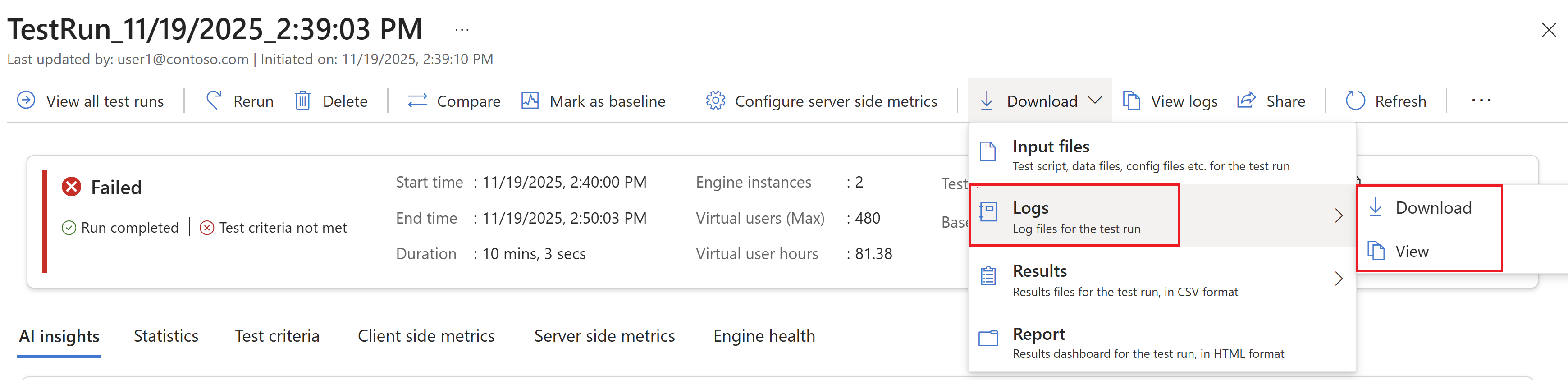 Screenshot that shows how to download the test log files from the test run details page.