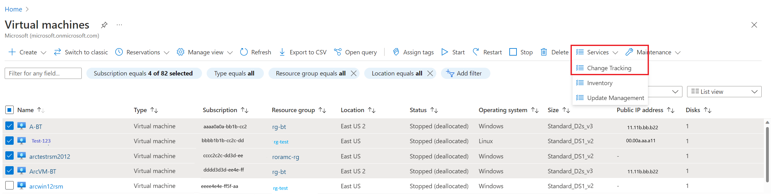Screenshot that shows how to select multiple VMs from the portal.