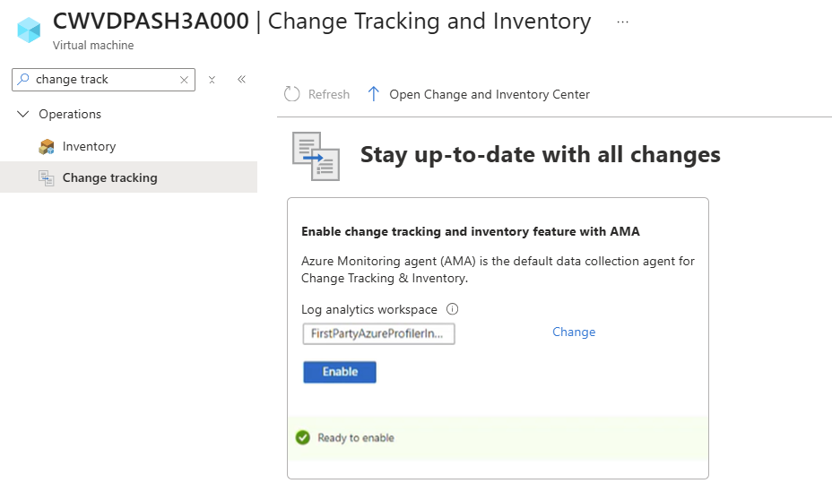 Screenshot that shows how to select the Change tracking option for a single VM from the portal.