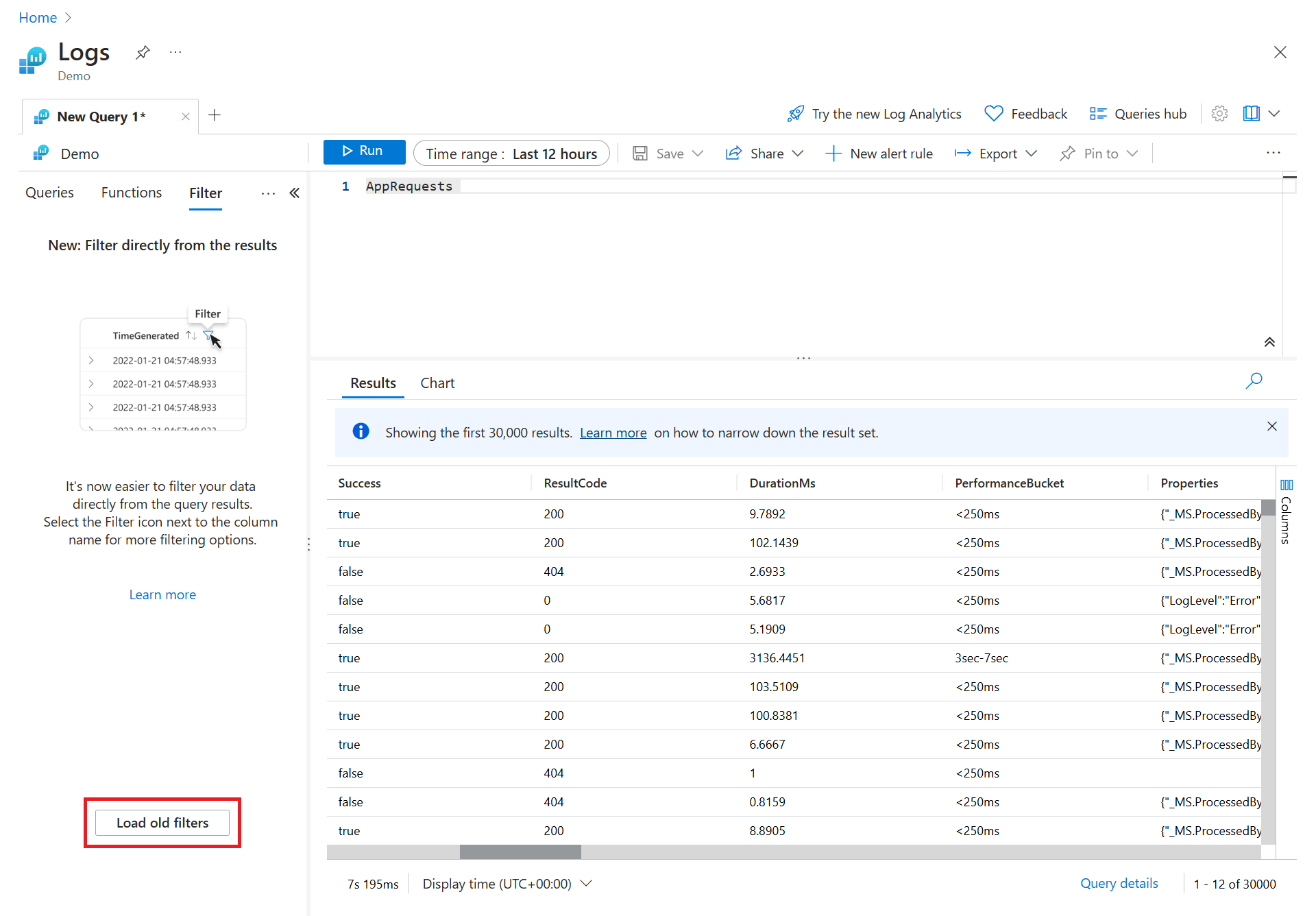Screenshot that shows the query tab with the option to load old filters.