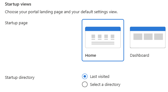 Screenshot showing the Startup section of Appearance + startup views.
