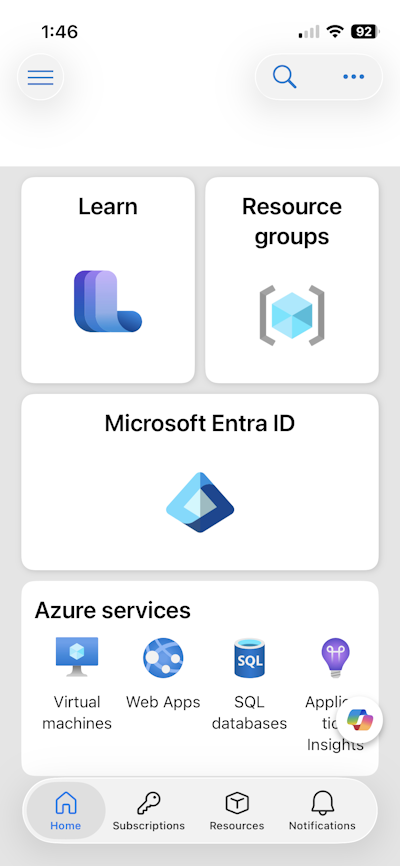 Screenshot of the Azure mobile app Home screen with several display cards.