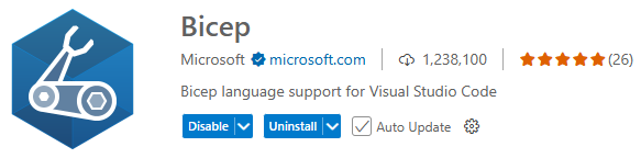 Screenshot of installing Bicep extension.