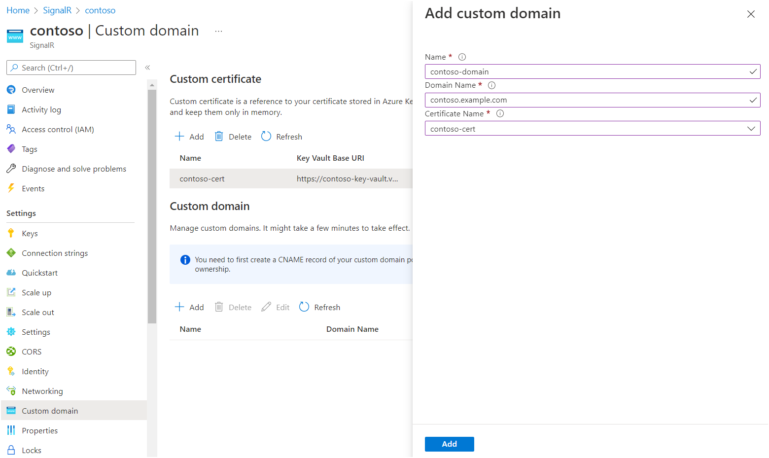 Screenshot that shows adding a custom domain.