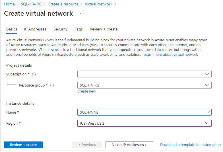 Screenshot of the basics tab of the create virtual network pane in the Azure portal.
