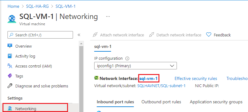 Screenshot of the virtual machine networking page in the Azure portal with the network interface field selected.