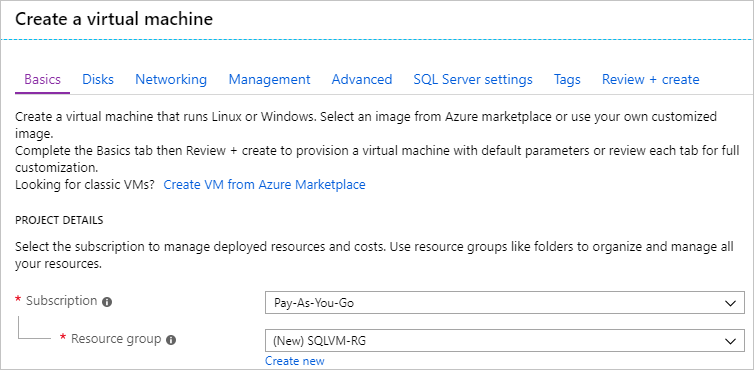 Screenshot showing the Subscription section when creating your SQL VM in the Azure portal.