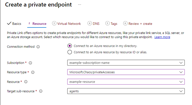 Screenshot that shows the Resource tab of private endpoint creation.