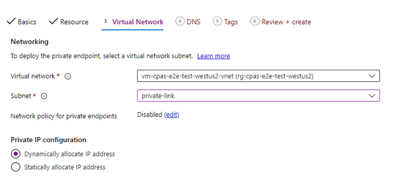 Screenshot that shows the Virtual Network tab of private endpoint creation.