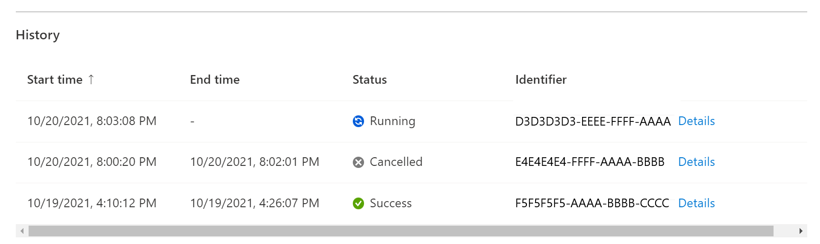 Screenshot that shows experiment history.