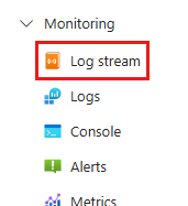 Screenshot of the Azure portal side panel. Under Monitoring, Log stream is highlighted.