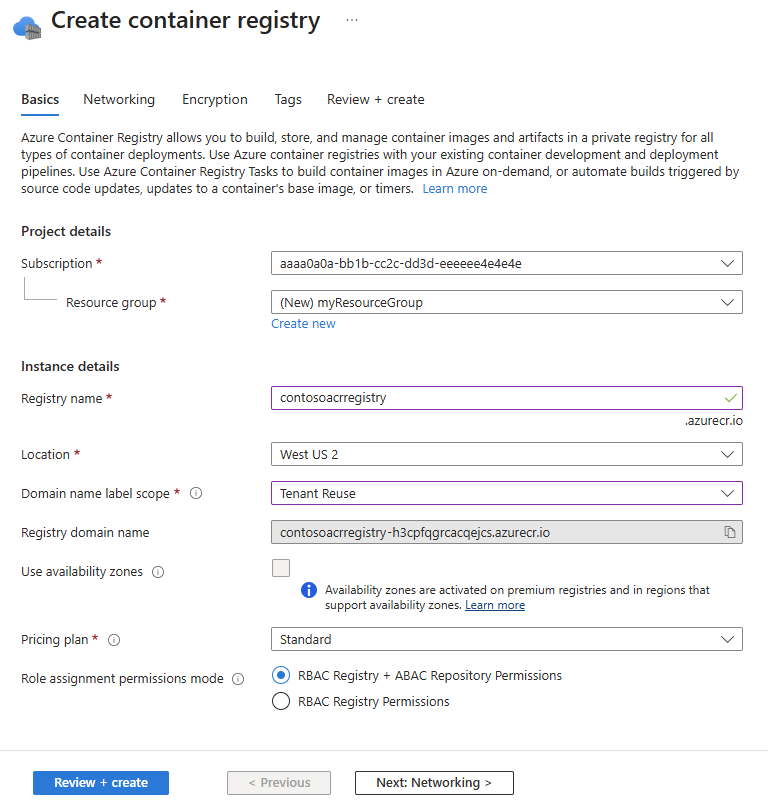 Screenshot showing the container registry creation settings in the portal