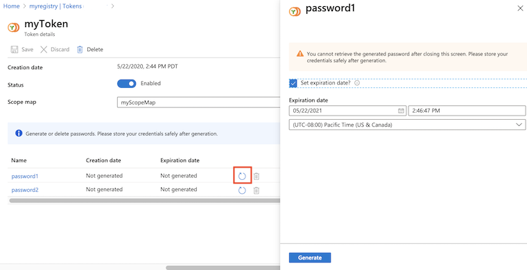 Screenshot of creating token password in the portal.