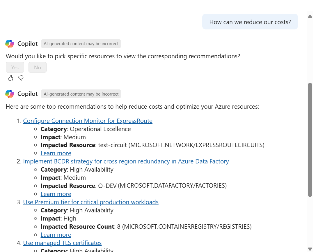 Screenshot of Azure Copilot providing a list of recommendations to reduce costs.