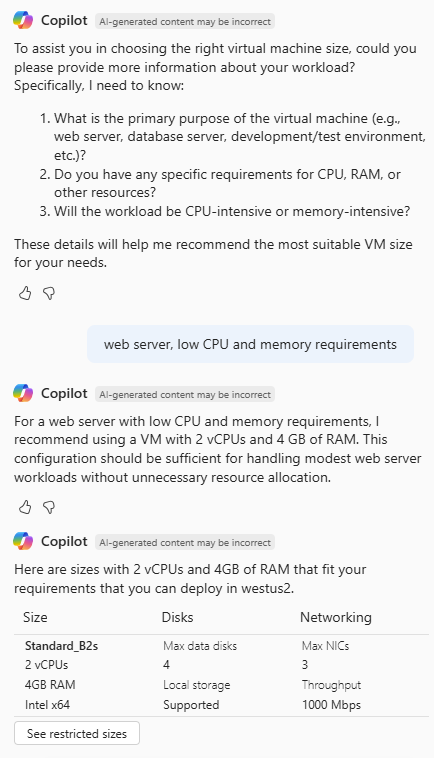 Screenshot showing Azure Copilot asking for details to help determine the appropriate VM size.