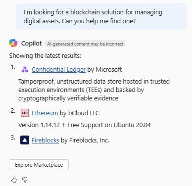 Screenshot of Azure Copilot providing options for blockchain solutions in Azure Marketplace.